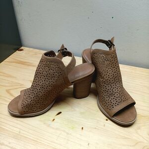 Brown Peep-Toe Block Heel Sandals